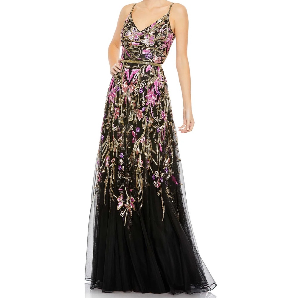 Mac Duggal V NECK FLORAL EMBELLISHED SPAGHETTI STRAP GOWN wedding formal style